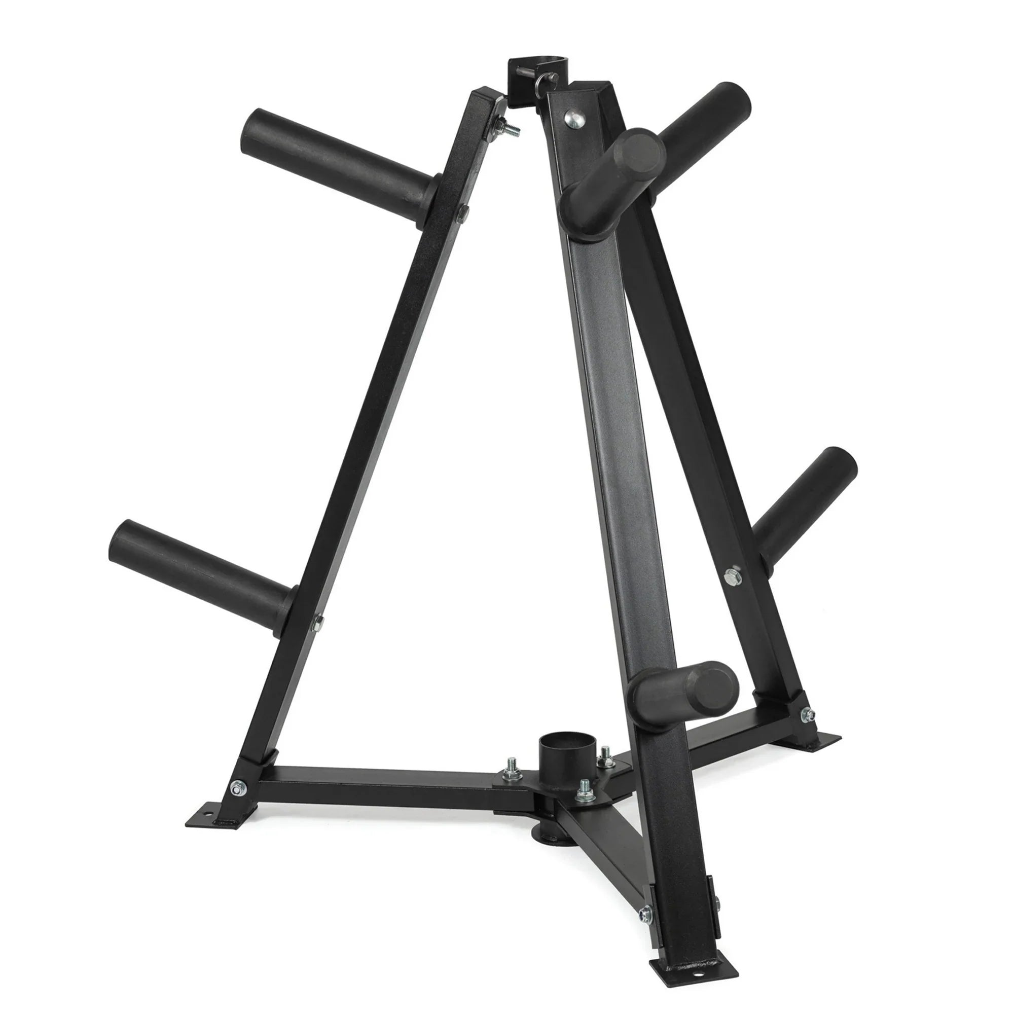 Black metal weight rack on a white background
