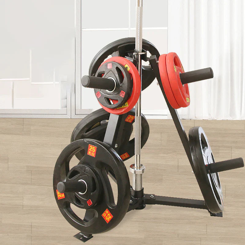 Set of weight plates on a stand with a neutral background