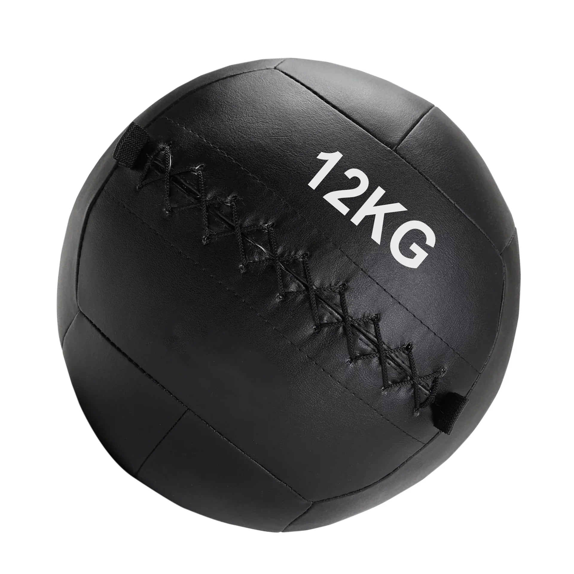Black medicine ball with '12KG' marking on a white background