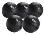 Set of five black weighted medicine balls with labeled weights on a white background