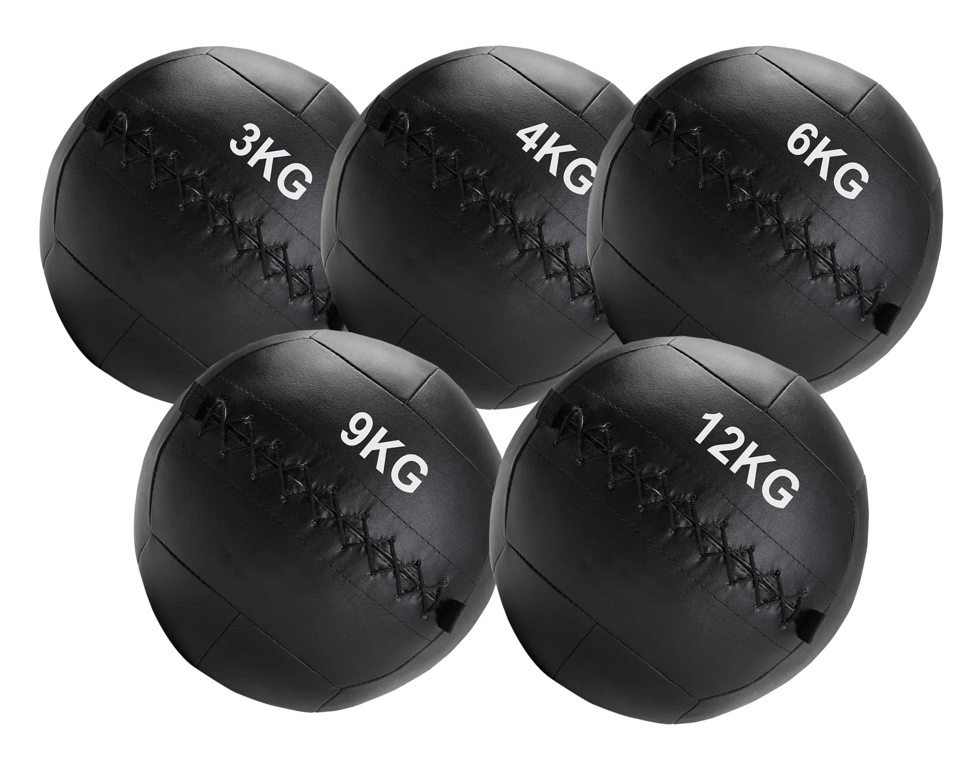 Set of five black weighted medicine balls with labeled weights on a white background