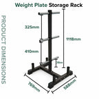 Weight plate storage rack with dimensions on a white background