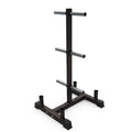 Black metal stand with cylindrical component on a white background