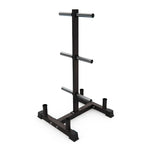Black metal stand with cylindrical component on a white background