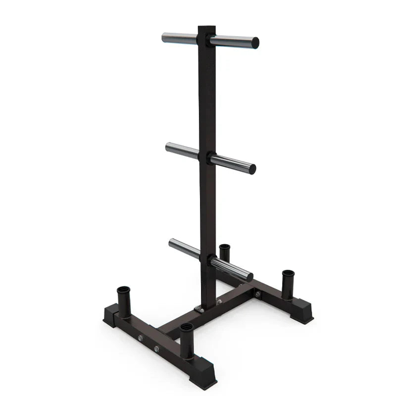 Black metal stand with cylindrical component on a white background