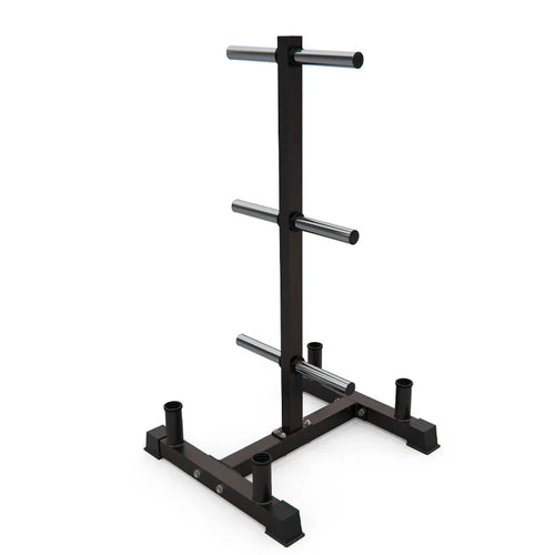 Black metal stand with cylindrical component on a white background
