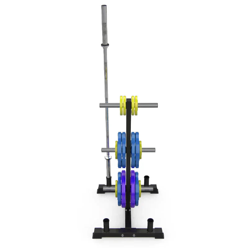 Weightlifting bar with blue and purple weight plates on a white background