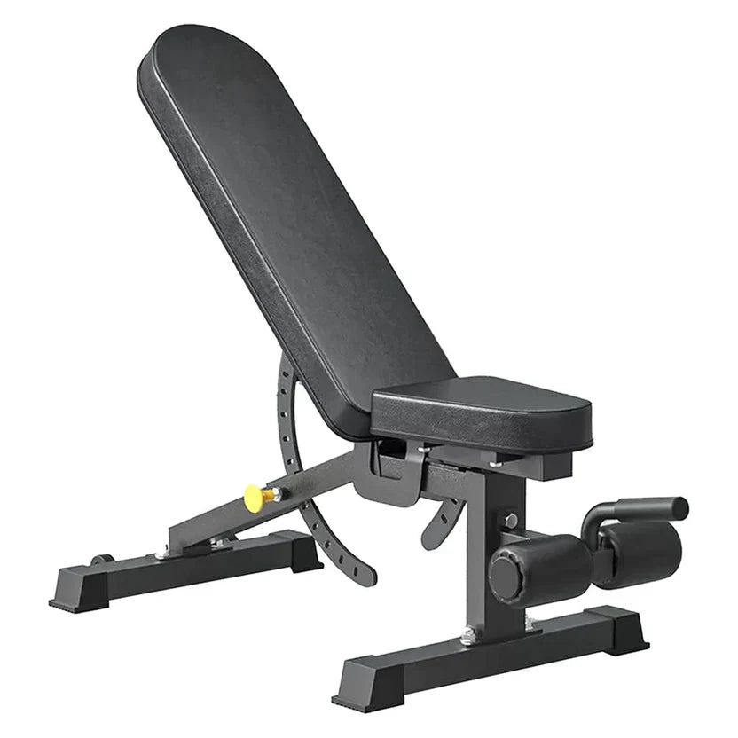 Black adjustable weight bench on a white background