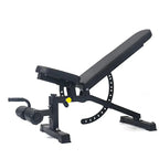 Black adjustable weight bench on a white background