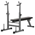 Weight bench with adjustable barbell stand on a white background