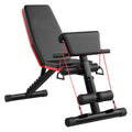 Black adjustable weight bench with red accents on a white background