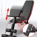 Adjustable weight bench with red arrows indicating movement on a white background