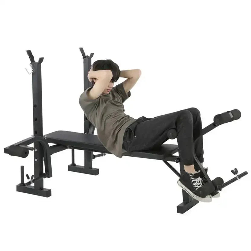 Person using a weight bench on a white background