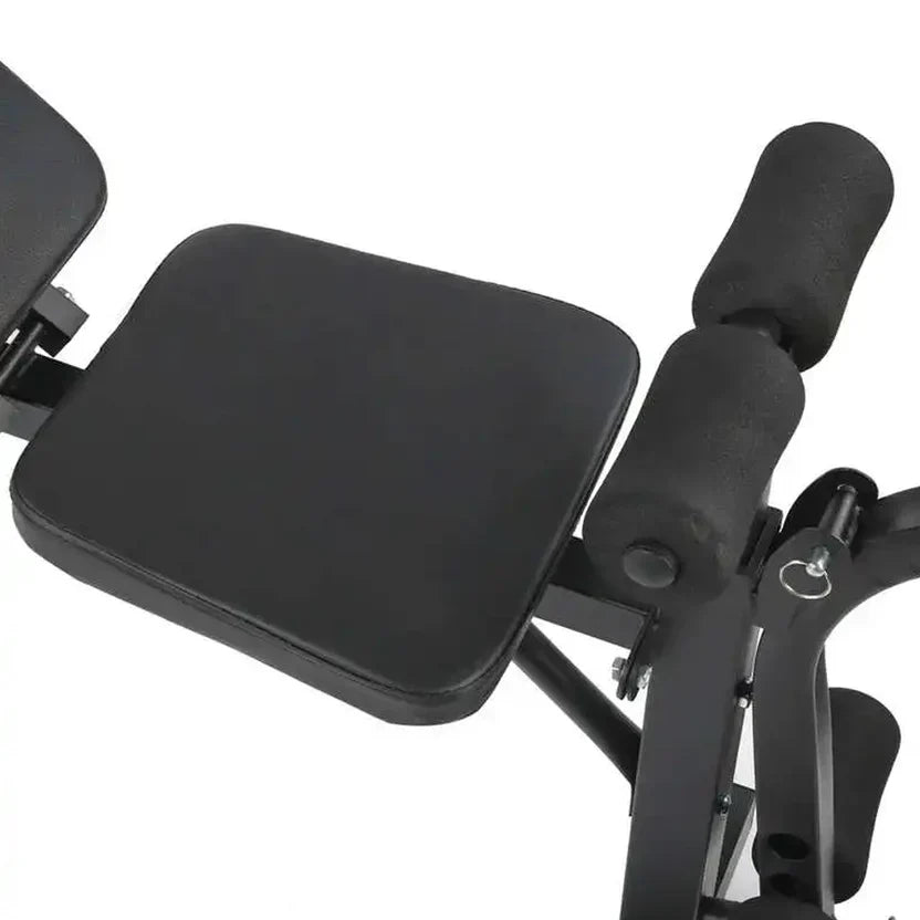 Black exercise device with seat and handles on a white background