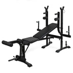 Black weight bench with adjustable components on a white background
