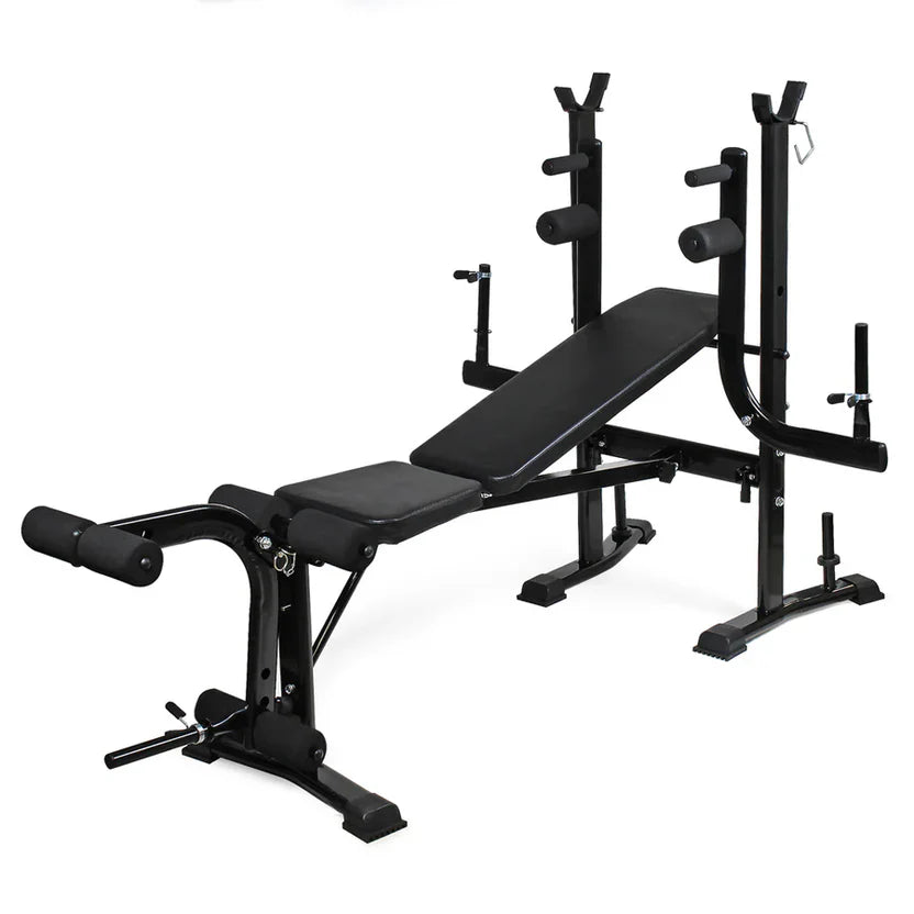 Black weight bench with adjustable components on a white background