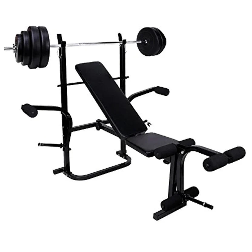 Black weight bench with weight plates on a white background