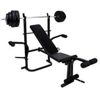 Black weight bench with weight plates on a white background