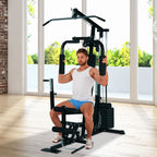 Man using a home gym machine in a bright room with large windows.