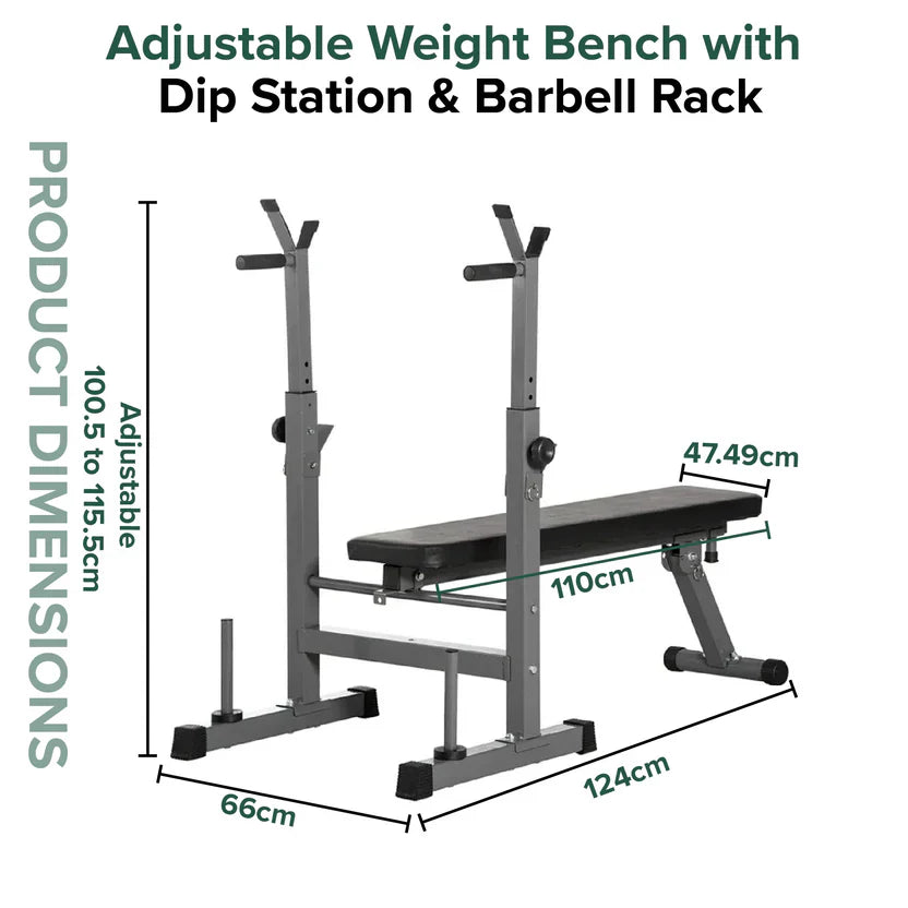 Adjustable weight bench with dip station and barbell rack dimensions on a white background