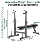 Adjustable weight bench with dip station and barbell rack dimensions on a white background