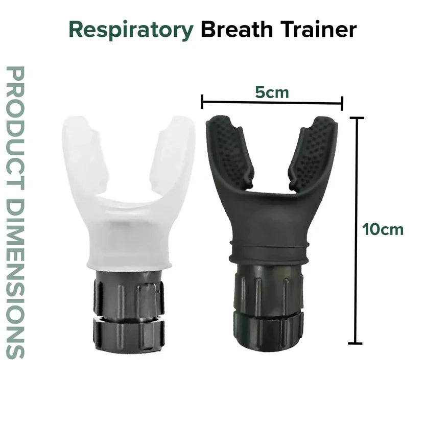 Respiratory breath trainer with dimensions labeled on a white background