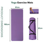 Purple yoga exercise mat with dimensions and a rolled-up version on a white background