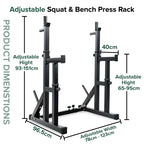 Adjustable squat and bench press rack with dimensions on a white background